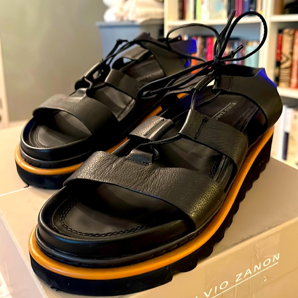 Anthropologie Elvio Zanon Kristina Platform Fisherman Sandals Blk Leather EU 39